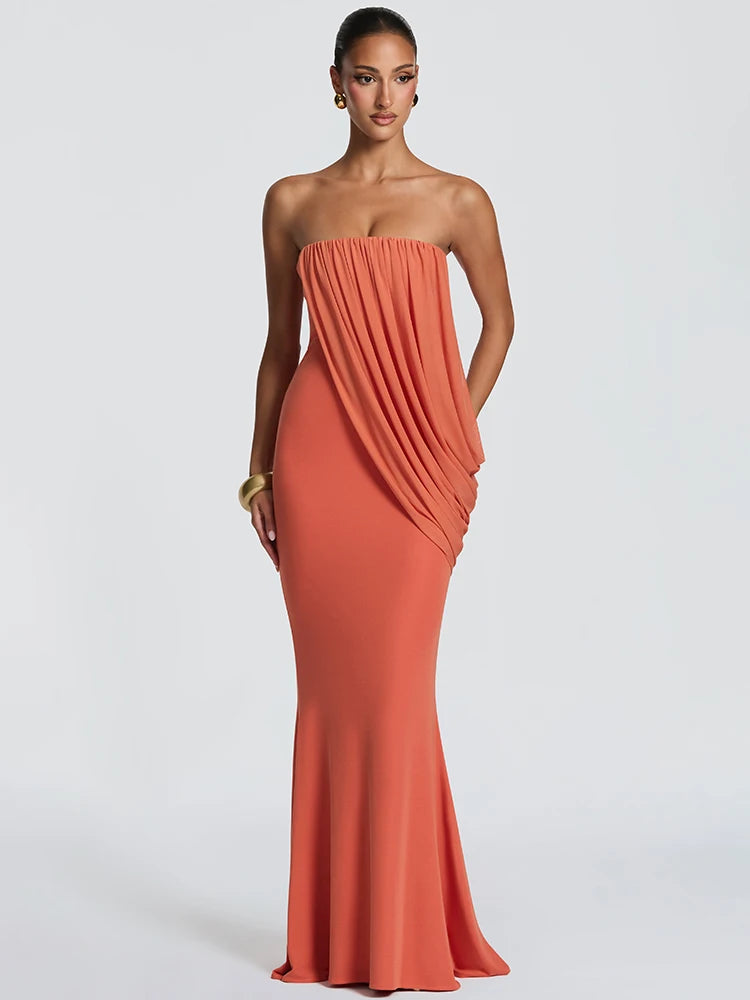 Mesh Backless Off-Shoulder Maxi Dress – Ruched High Waist Slim Evening Gown