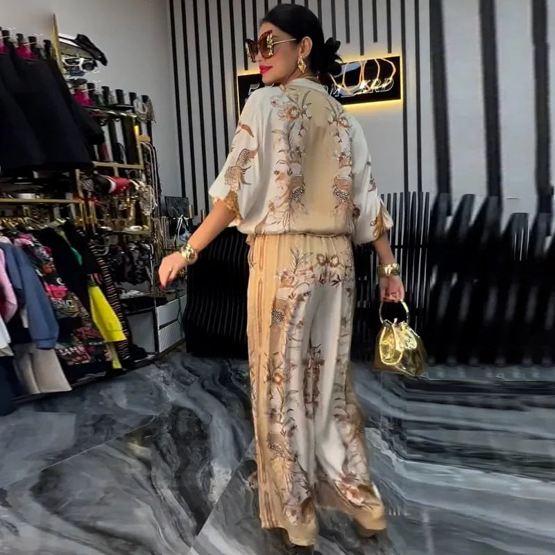 Printed Drawstring Trousers 2-Piece Set – Zipper Top & Wide-Leg Pants Outfit