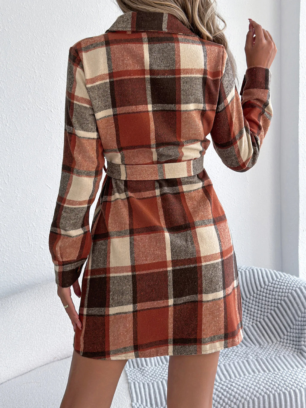 Women's Plaid Shirt Dress – Long Sleeve Belted A-Line Knee-Length Dress | Retro Casual Style