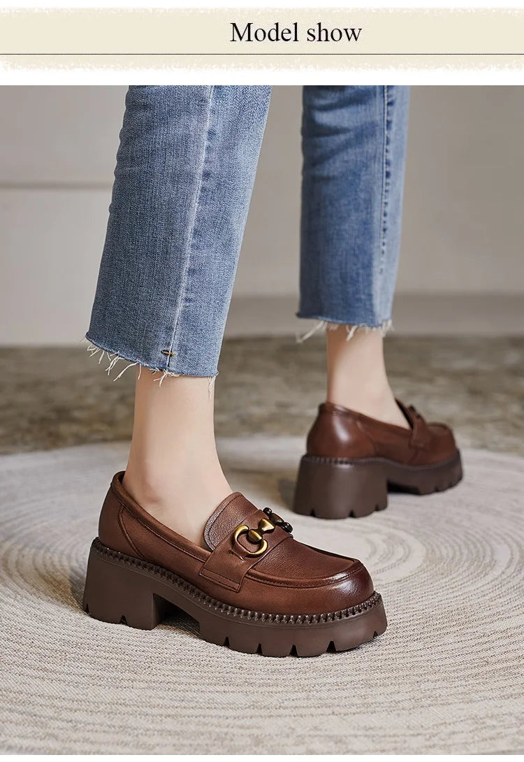 Women's Genuine Leather Loafer Pumps – Thick Square Heel Platform Slip-On with Metal Detail