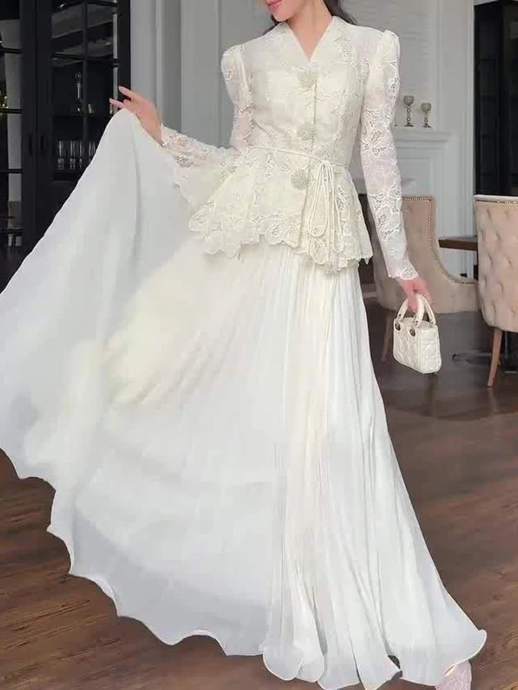 Women's White Lace V-Neck Long-Sleeve A-Line Dress