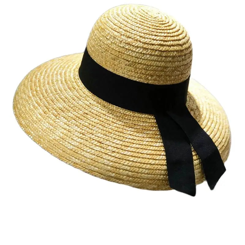 Wide Brim Women Sun Hat Wheat Straw Summer Beach Hat Elegant Cap UV Protection Black long Ribbon Bow Derby Travel Hats LADYLYS