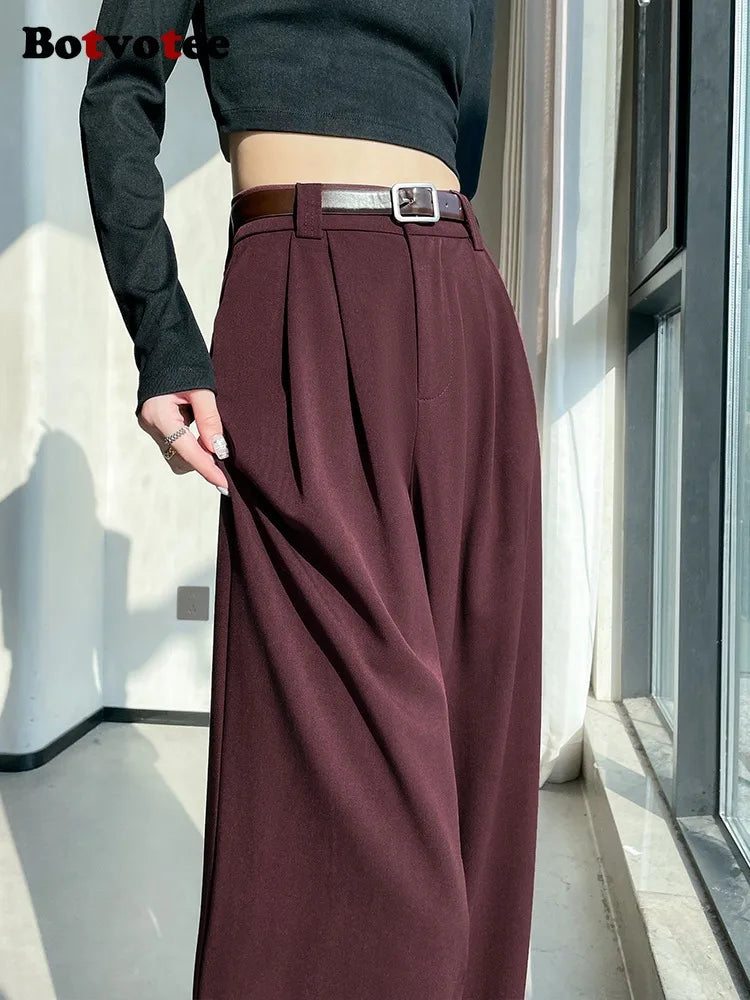 Botvotee Burgundy Suits Pants for Women Office Lady Elegant High Waist Wide Leg LADYLYS