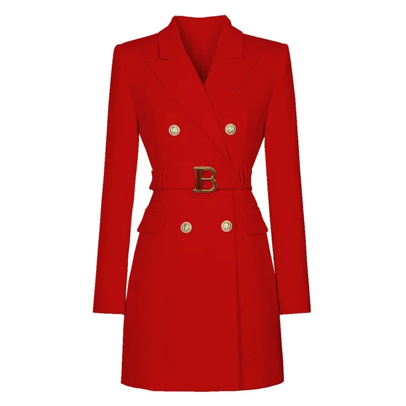 Women's Double-Breasted Belted Blazer with Notched Lapels