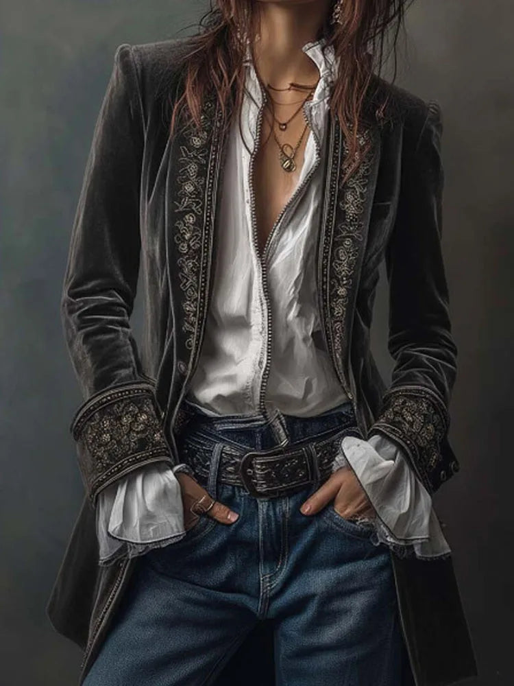 Women's Vintage Print Lace-Trim Jacket