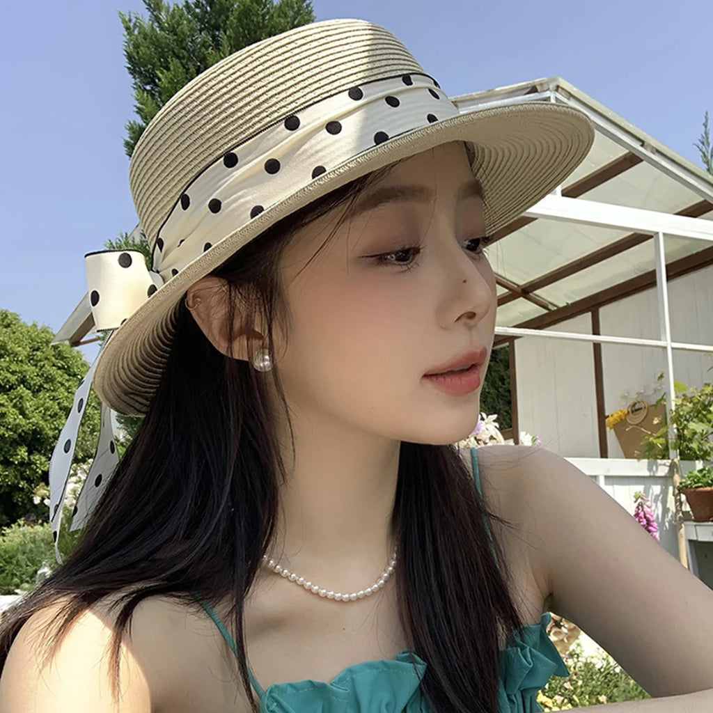 Women’s Wide Brim Straw Sun Hat – Pearl & Dot Ribbon Elegant Beach Cap