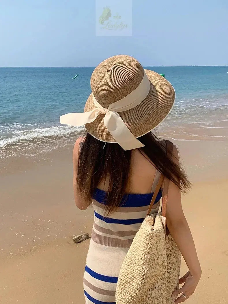 French Retro Straw Sun Hat with Bow Detail - Hepburn Style Elegant Wide Brim LADYLYS