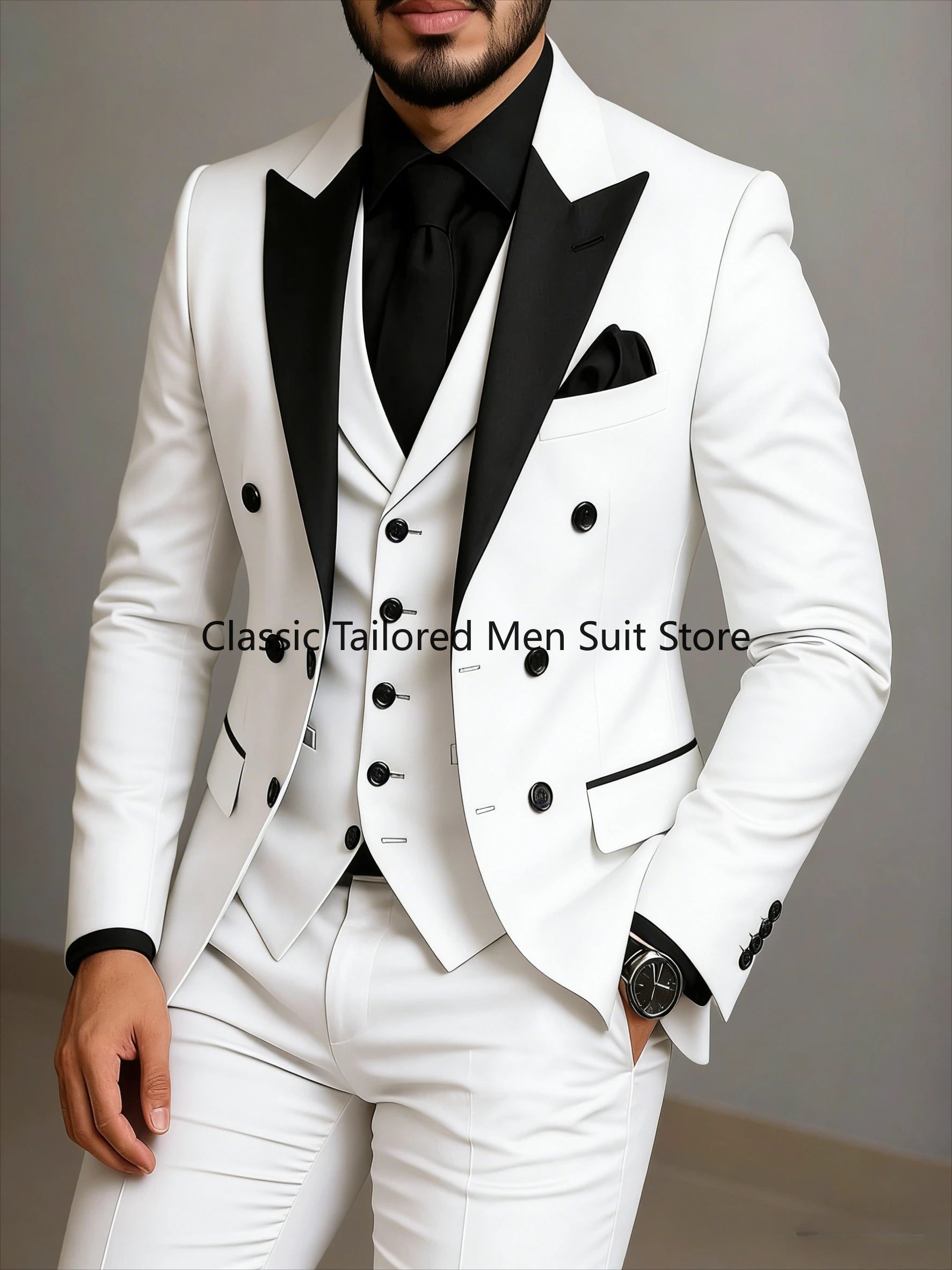 Beige Double Breasted Black Lapel  Slim Fit Wedding Suit LADYLYS