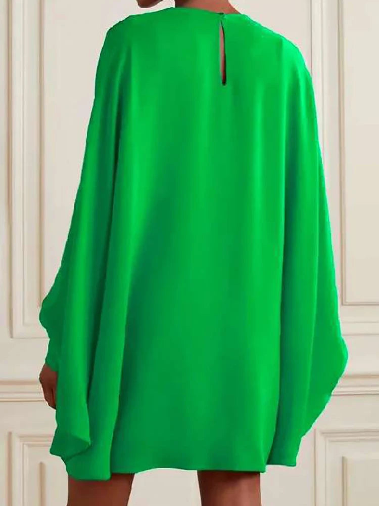 Batwing Sleeve Mini Dress – Turtleneck Loose Fit Patchwork | Casual Holiday & Party