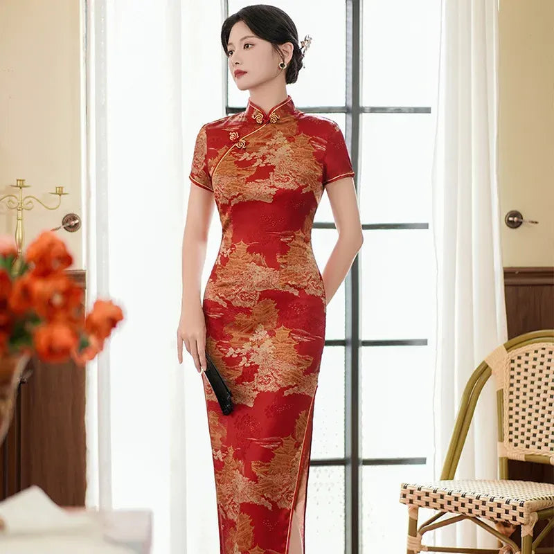 Printed Short-Sleeve Qipao-Inspired Midi Dress