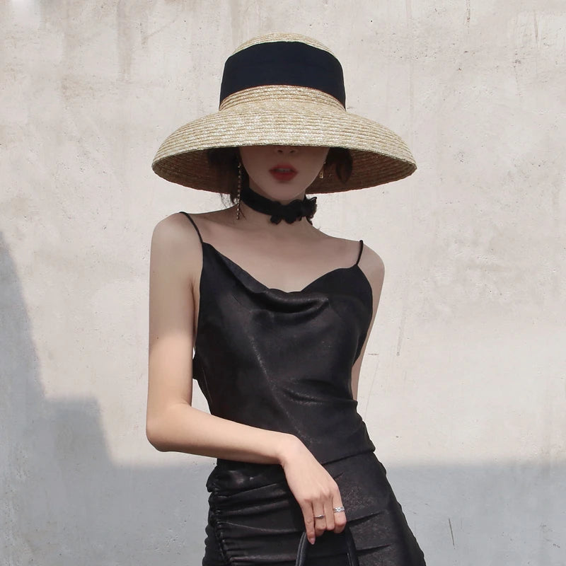 Wide Brim Women Sun Hat Wheat Straw Summer Beach Hat Elegant Cap UV Protection Black long Ribbon Bow Derby Travel Hats LADYLYS
