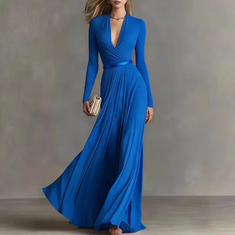Women's Elegant Deep V-Neck Maxi Dress with Long Sleeves and Ruched Tie Waist