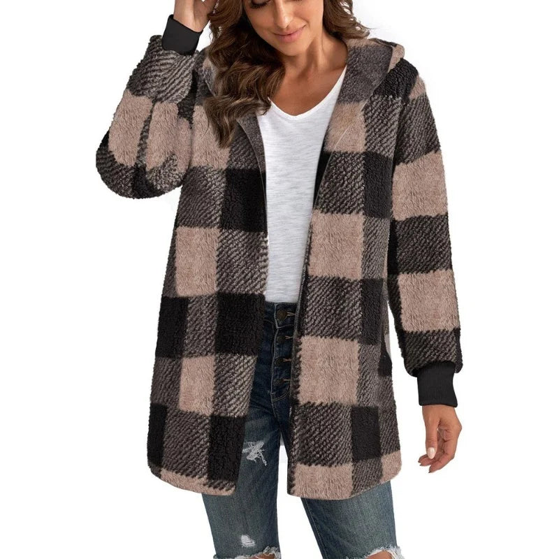 Double Fleece Plaid Cardigan Soft Loose Long Sleeve Plush Warm Hooded Jacket