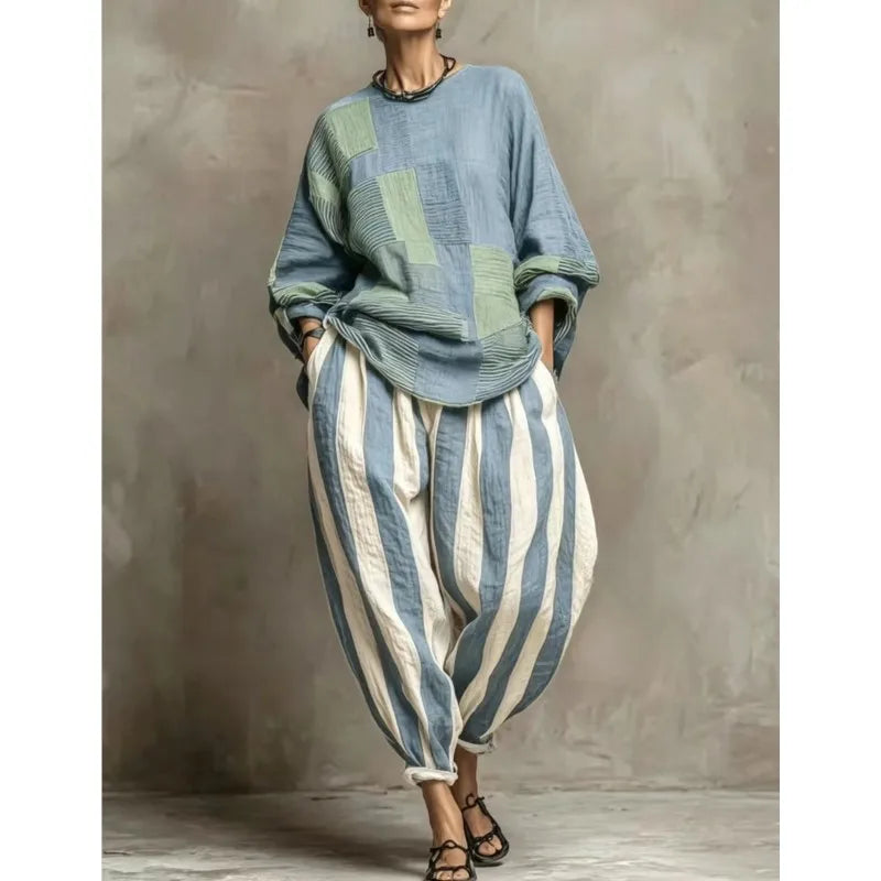 Women's Striped Patchwork 2-Piece Set – Loose Top & Harem Pants, Office Casual