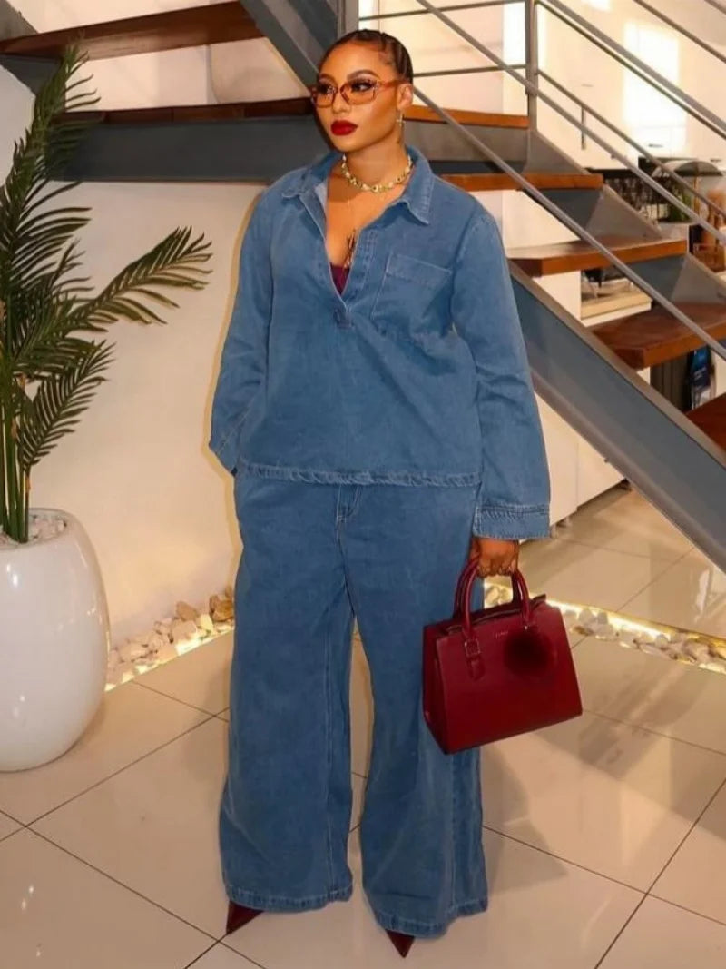 Women's Vintage Denim Shirt and Straight-Leg Jeans Set