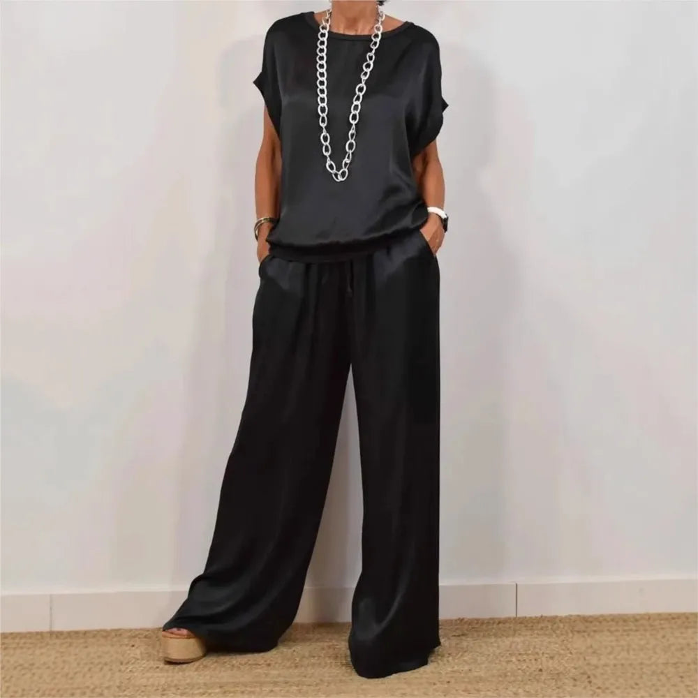 2-piece Set Fashion Satin O Neck T-shirt Top Trousers Summer Retro Elegant LADYLYS