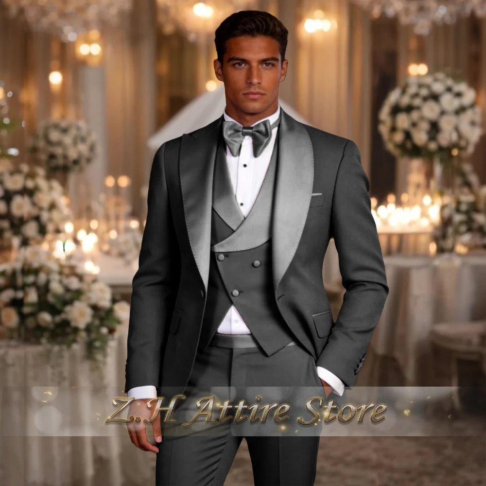 Elegant men's 3pcs suit spliced satin lapel jacket vest pants LADYLYS