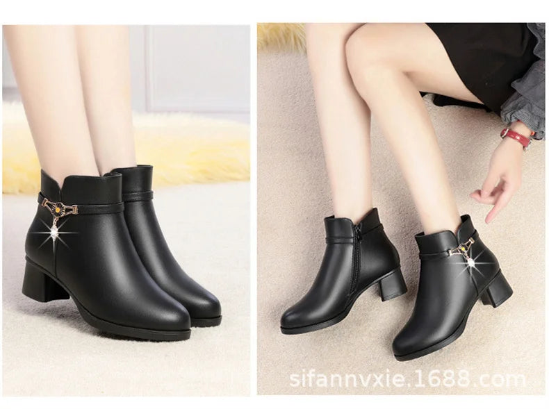 Women's Velvet Fleece-Lined Ankle Boots – Low Square Heel Anti-Slip Winter Booties