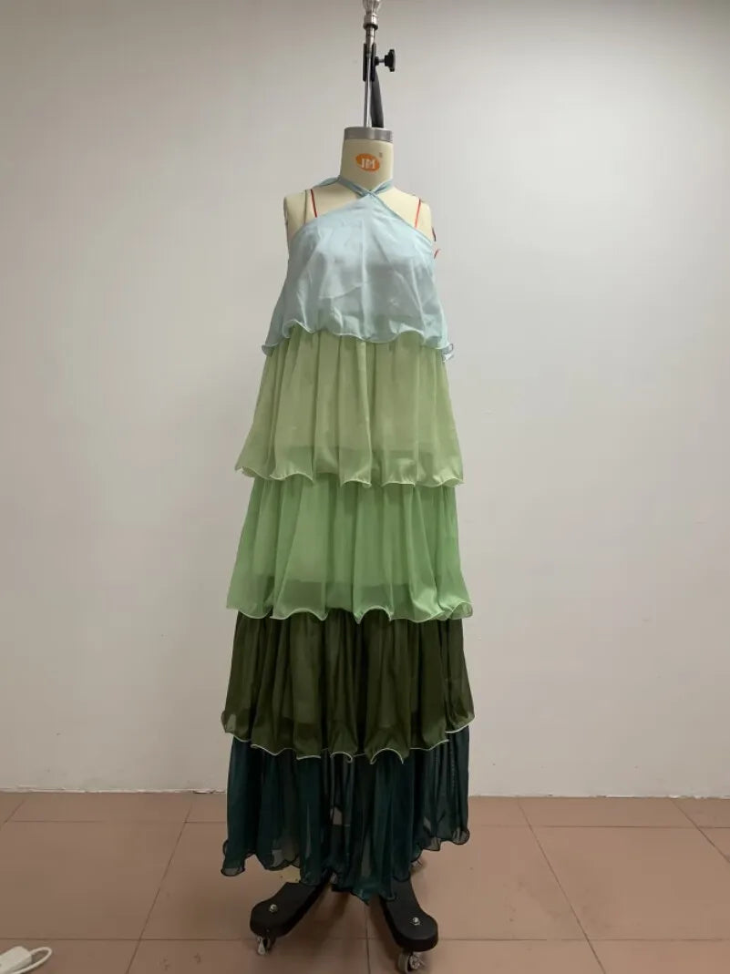 Y2K Sleeveless Halter Cake Dress – A-Line Midi Party Dress
