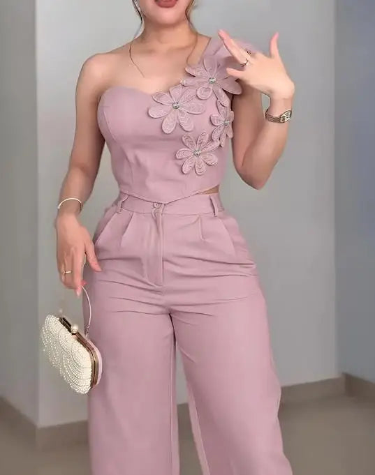 Rhinestone 3D Floral 2-Piece Set – Glamorous Women's Evening Outfit