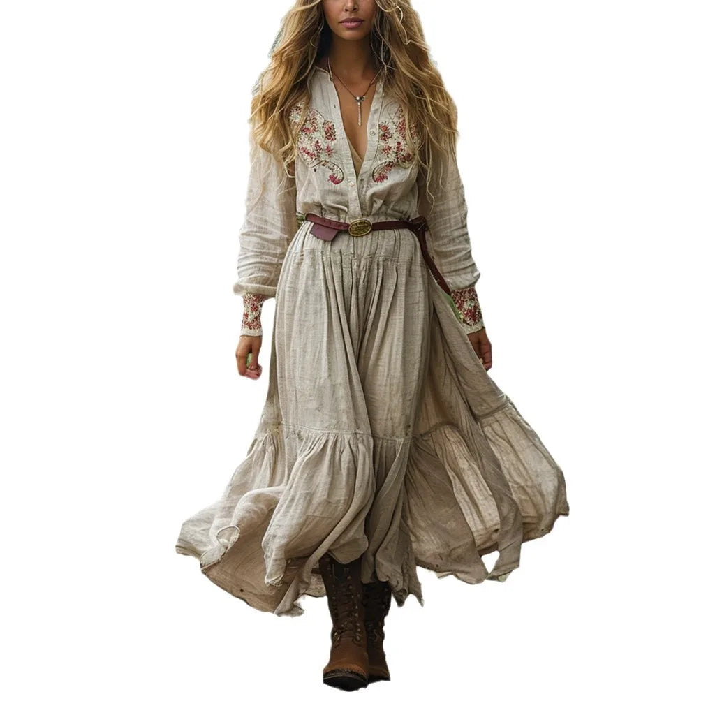 Vintage V-Neck Country Style Printed Long-Sleeve Dress LADYLYS