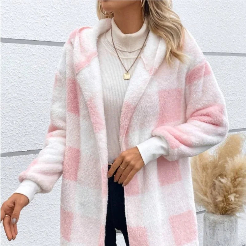 Double Fleece Plaid Cardigan Soft Loose Long Sleeve Plush Warm Hooded Jacket