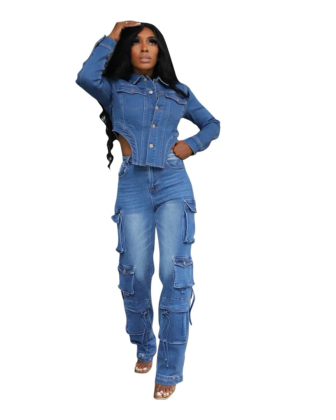 Washed Denim Women's Set Full Sleeve Button Fly Jacket and Pockets Cargo Jeans Pants Suit LADYLYS