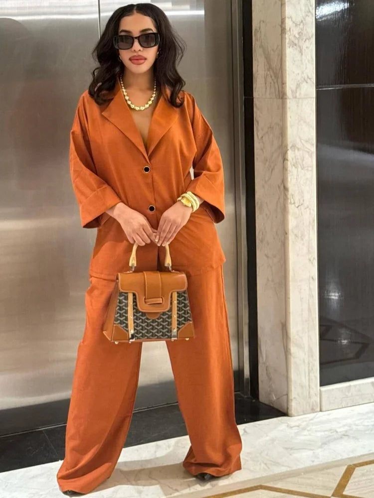 Lapel Loose Single Breasted Shirt High Waisted Straight Leg Pants Casual Elegant Suit LADYLYS