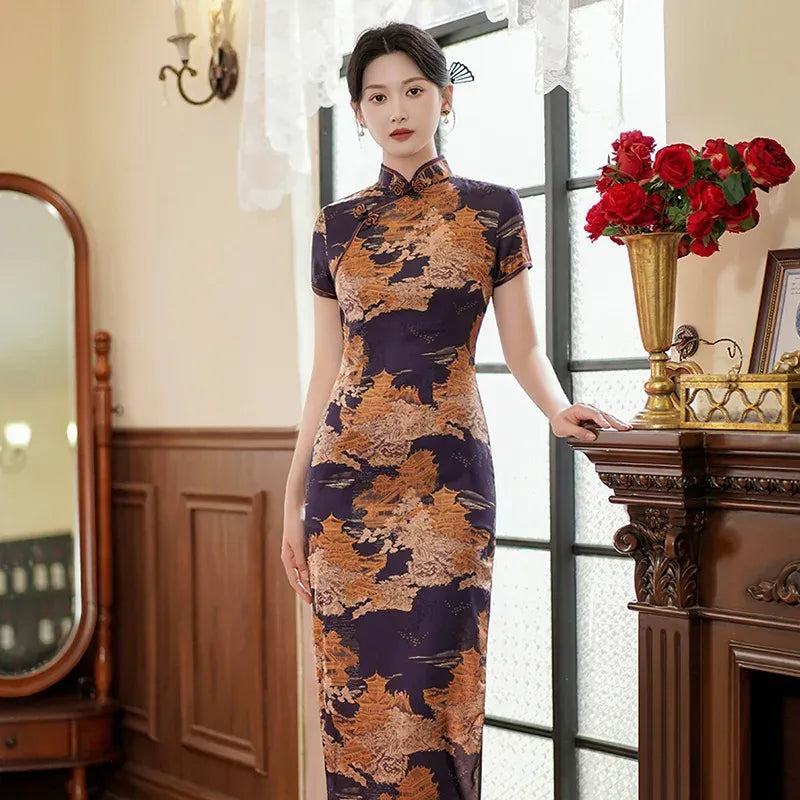 Printed Short-Sleeve Qipao-Inspired Midi Dress
