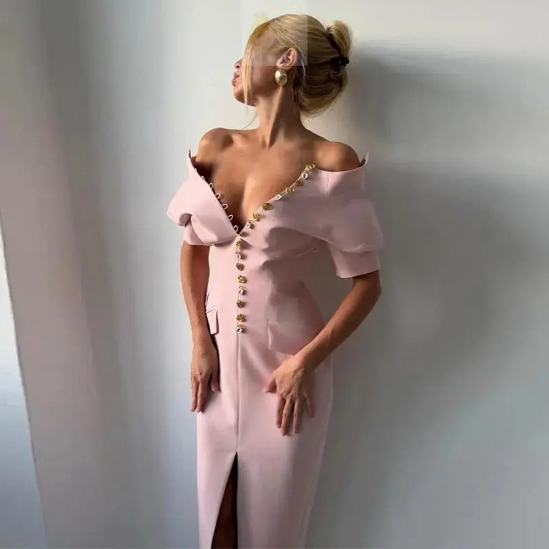 Elegant Fitted Shoulder Pad Short Sleeves Chic Party Dresses LADYLYS