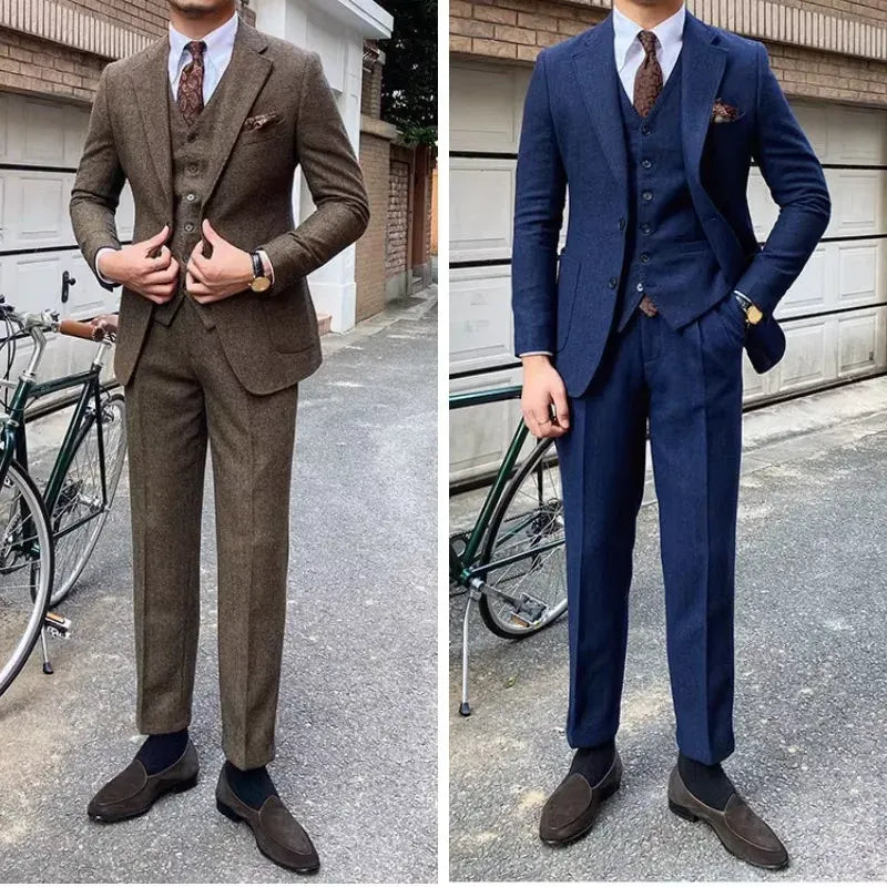 Men's Slim-Fit Herringbone Three-Piece Suit