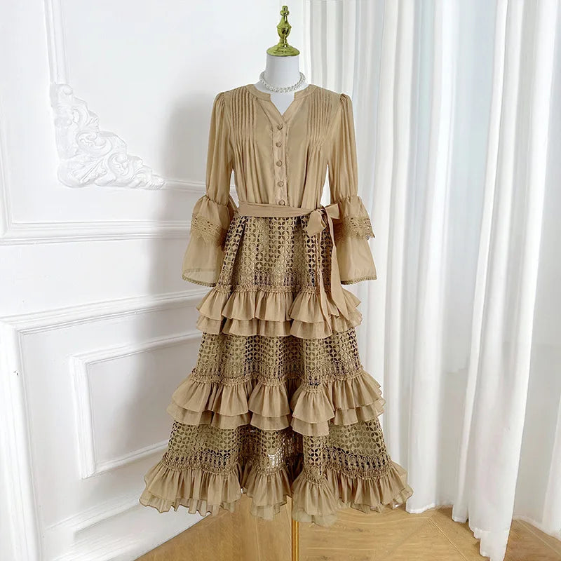 Lace Hollow-Out A-Line Dress – V-Neck, Flare Sleeves & Bandage Detail
