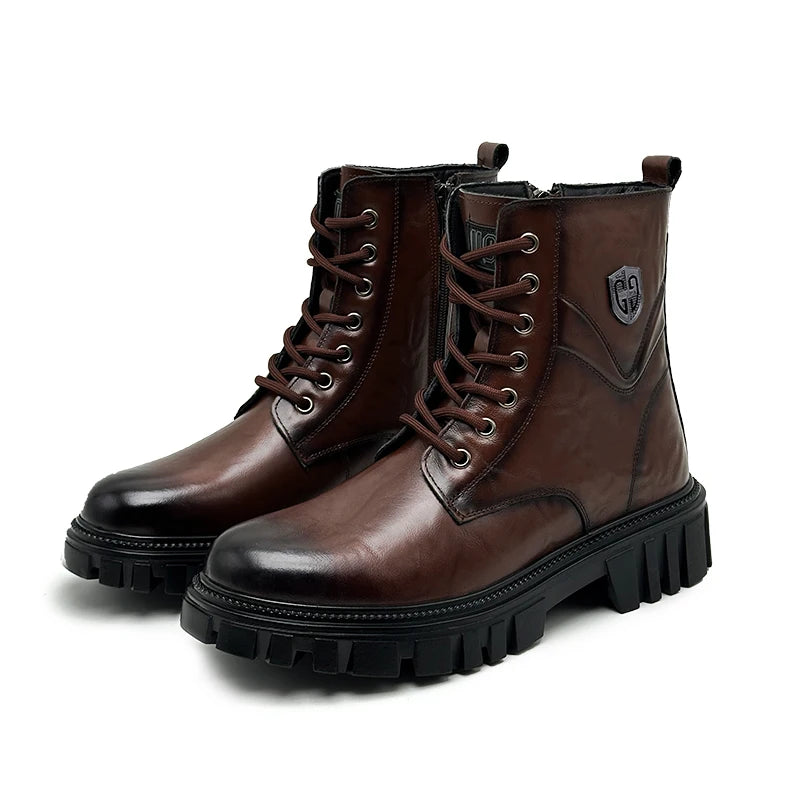Men's Split Leather Motorcycle Ankle Boots – High-Top Slip-On Thick Sole Winter Boots