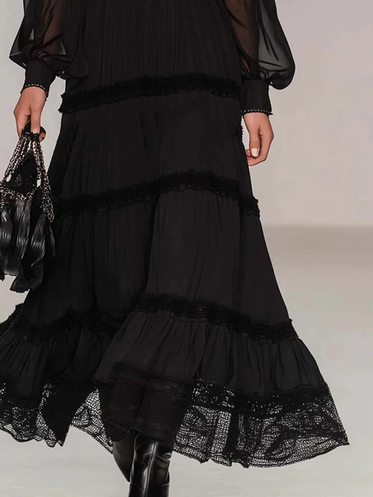 Black V-Neck Maxi Dress – Long Sleeve Mesh Patchwork A-Line | Party & Streetwear