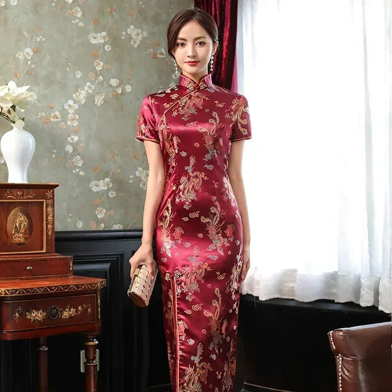 Printed Short-Sleeve Qipao-Inspired Midi Dress