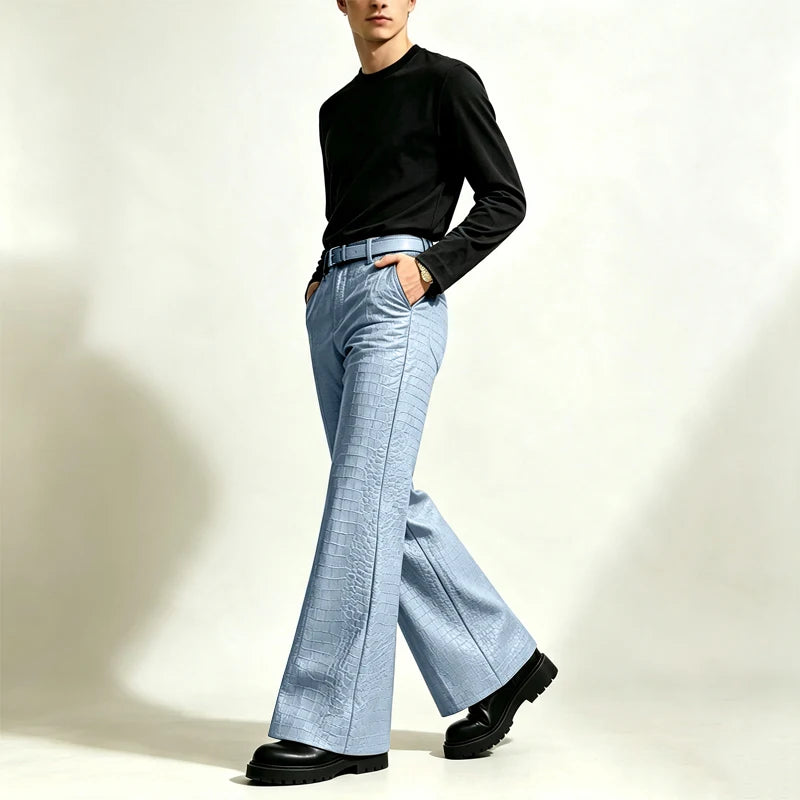Men’s Crocodile-Effect Faux Leather Flare Pants