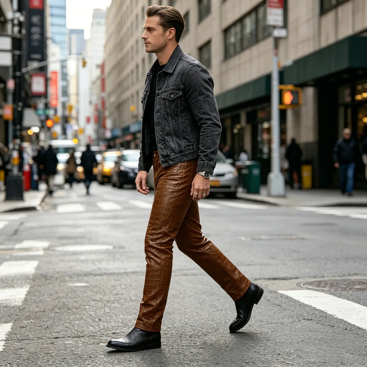 Men's Croc-Embossed Faux Leather Slim-Fit Trousers