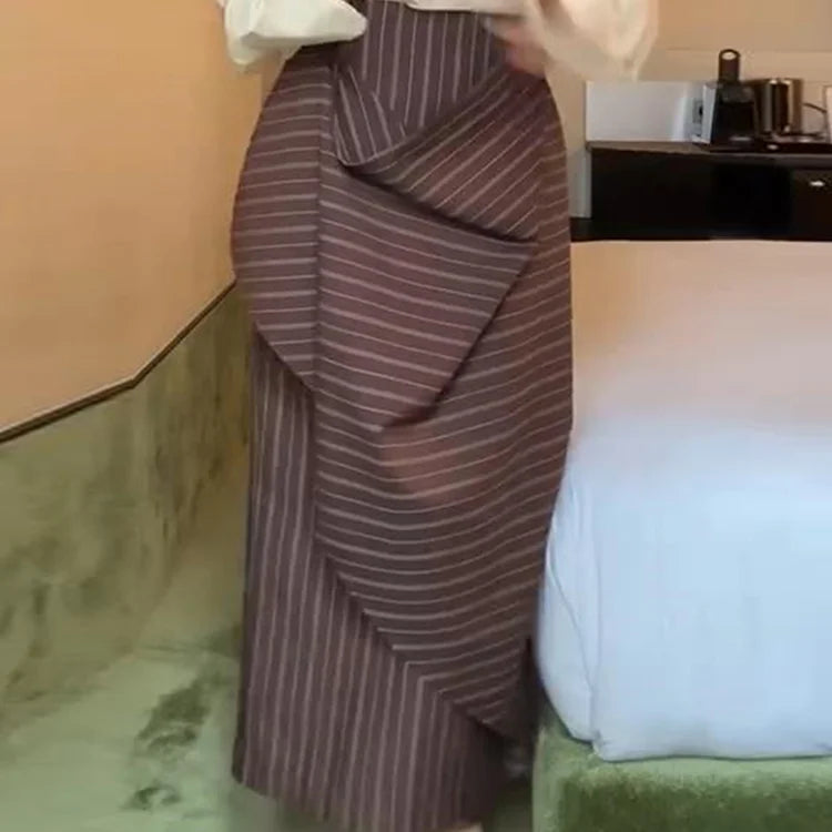 Striped Asymmetric Midi Skirt & Ribbon Tie Blouse Set – Women’s 2-Piece Summer Suit