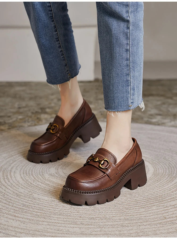 Women's Genuine Leather Loafer Pumps – Thick Square Heel Platform Slip-On with Metal Detail