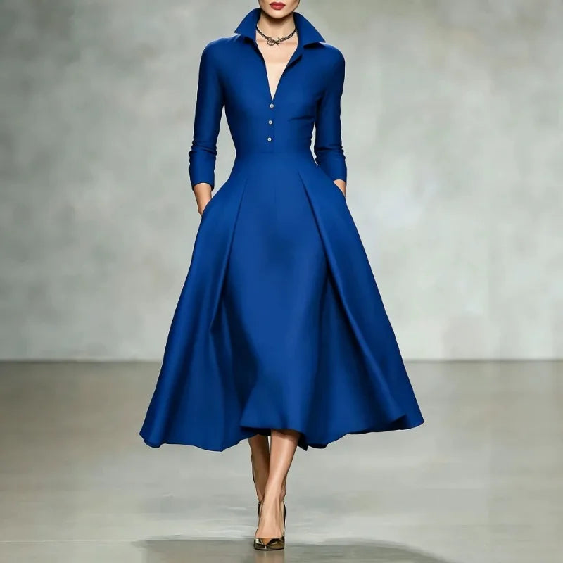 Women's Elegant V-Neck Long Sleeve Shirt Dress with Cinched Waist and Flared Skirt