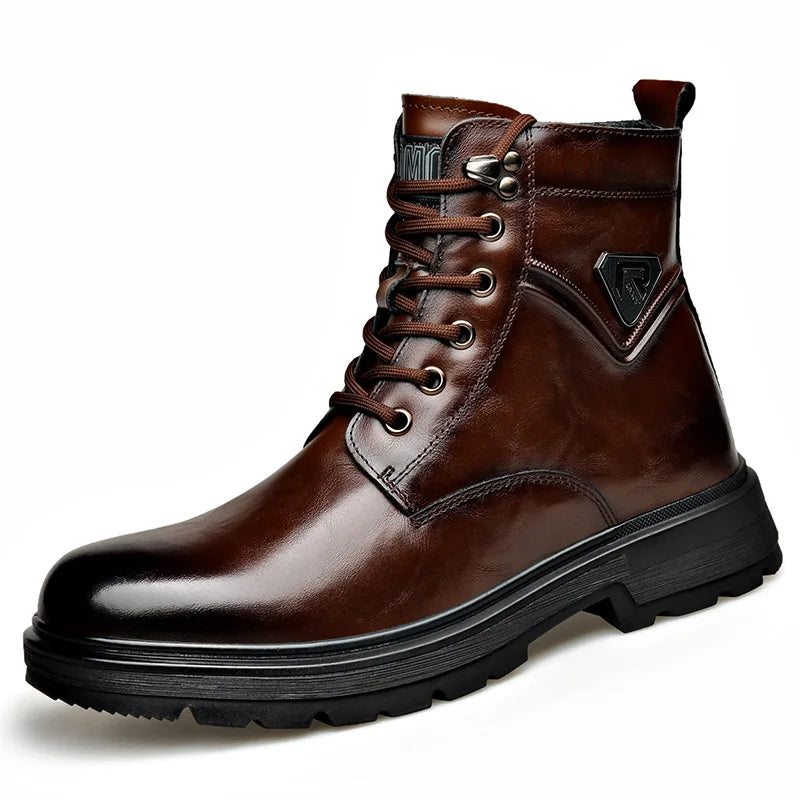 Men's Genuine Leather Platform Ankle Boots – Lace-Up Wool-Lined Waterproof Work Boots