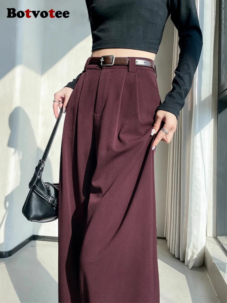 Botvotee Burgundy Suits Pants for Women Office Lady Elegant High Waist Wide Leg LADYLYS
