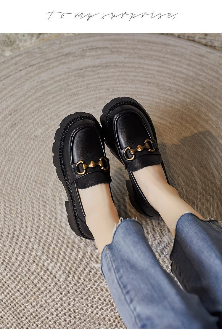 Women's Genuine Leather Loafer Pumps – Thick Square Heel Platform Slip-On with Metal Detail