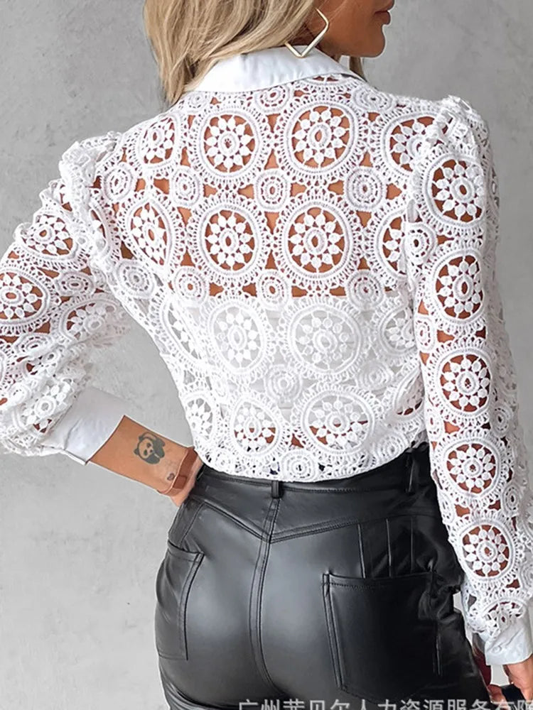 Lace Blouses Elegant Office White Shirt Long Sleeve Button Turn-down Collar Sexy