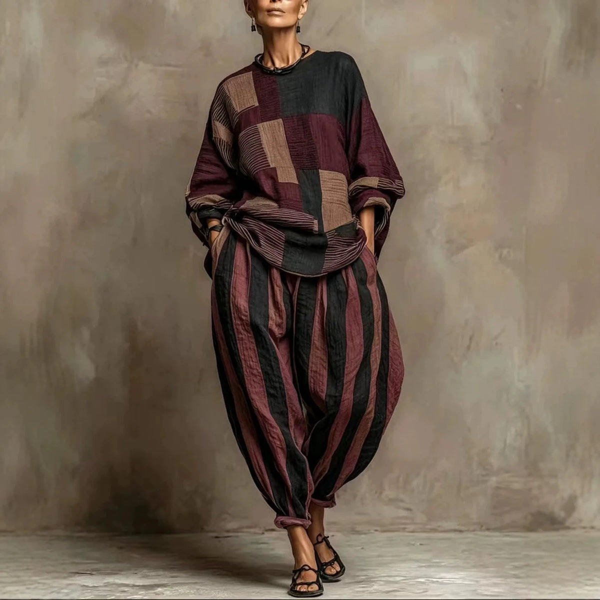 Women's Striped Patchwork 2-Piece Set – Loose Top & Harem Pants, Office Casual