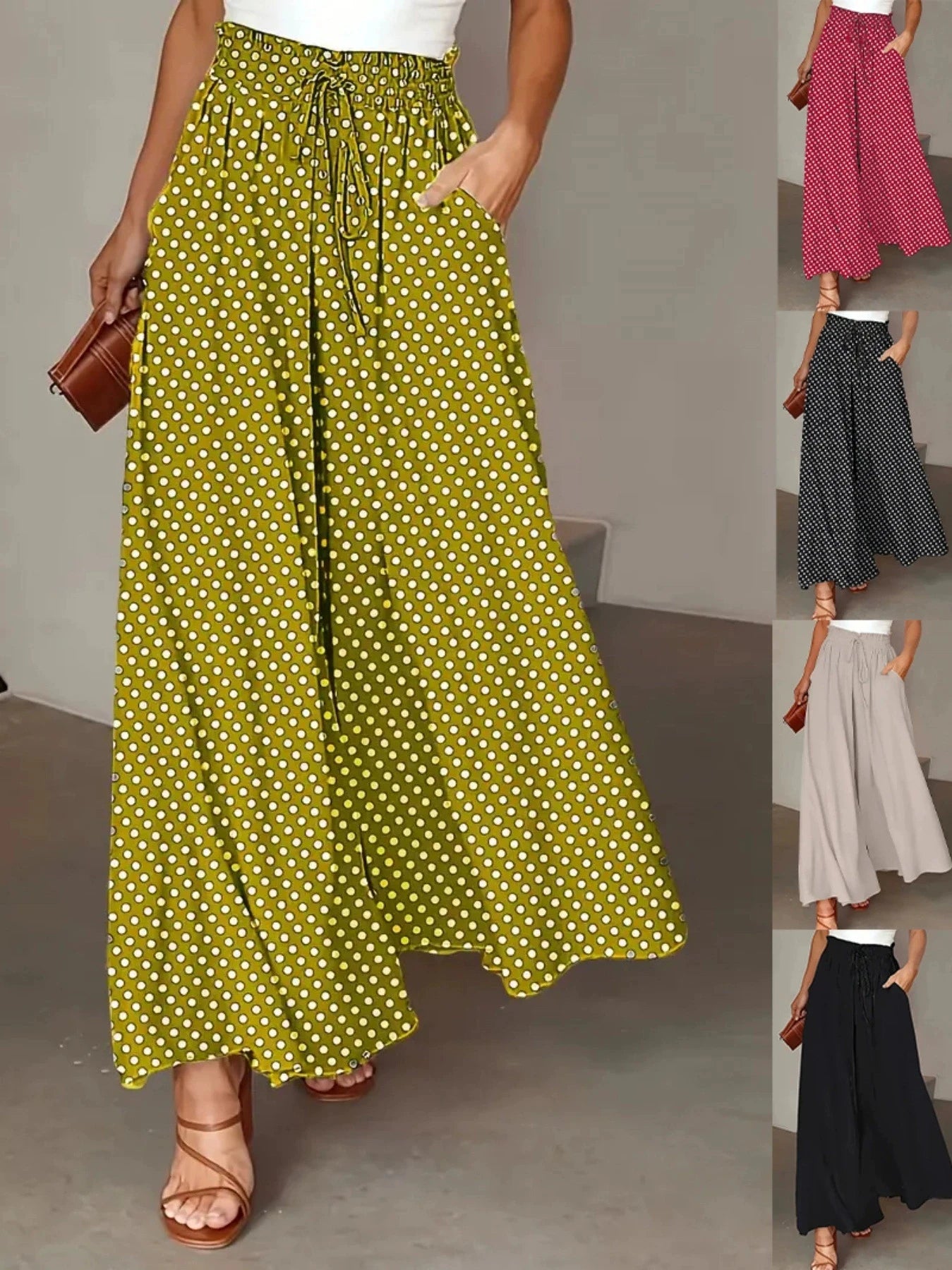 Bohemian Wide-Leg Pants with Elastic Waist and Polka Dot Print Long Skirt LADYLYS