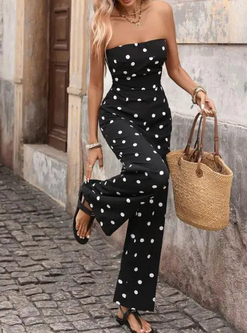 Bodysuit Women Summer New Fashionable Elegant Style Slim Fit Polka Dot Print High Waist Slim Fit Strapless Wide Leg Jumpsuit LADYLYS