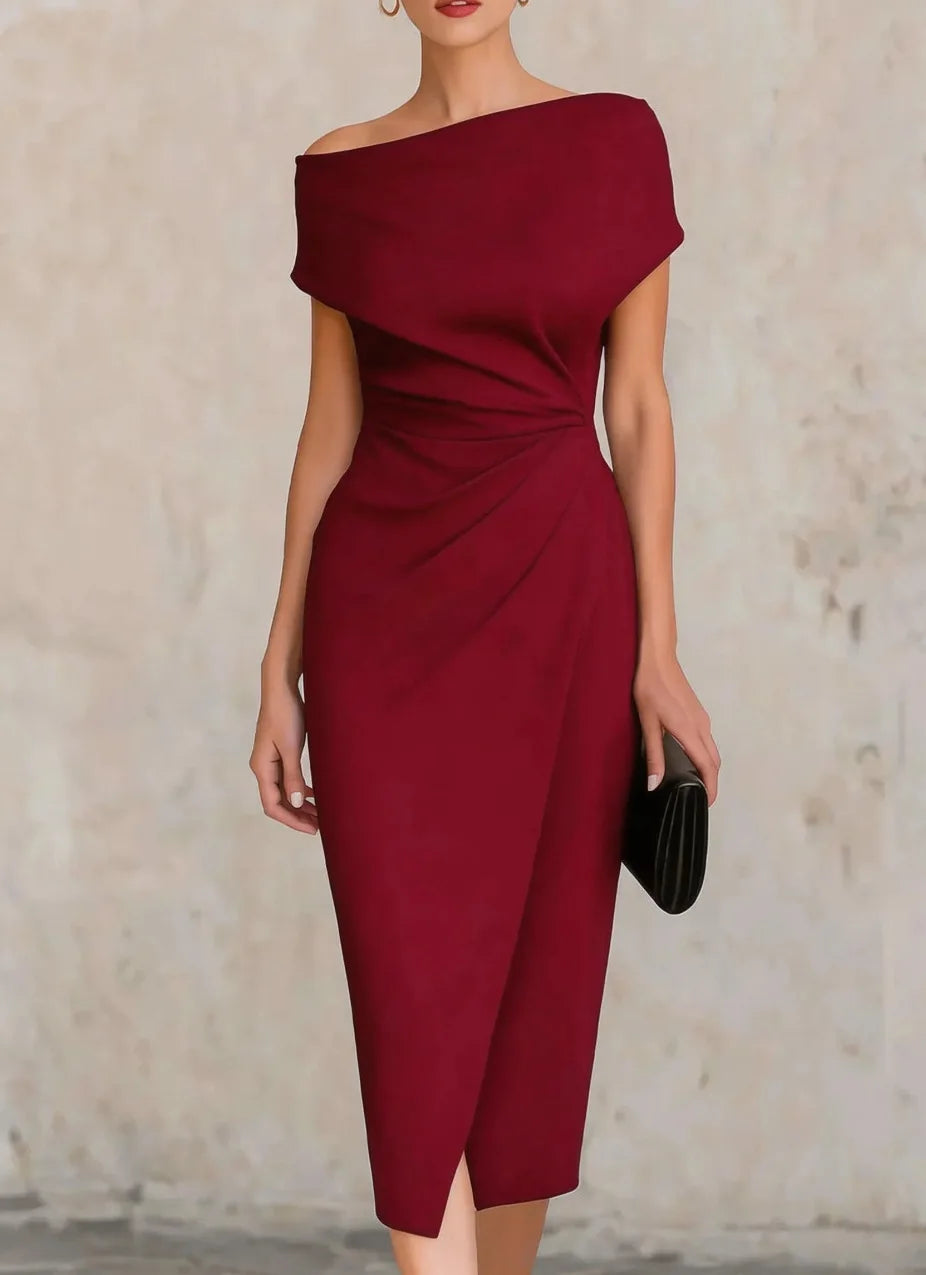 Asymmetrical Off-Shoulder Draped Midi Dress – Ruched Waist Split Pencil Dress