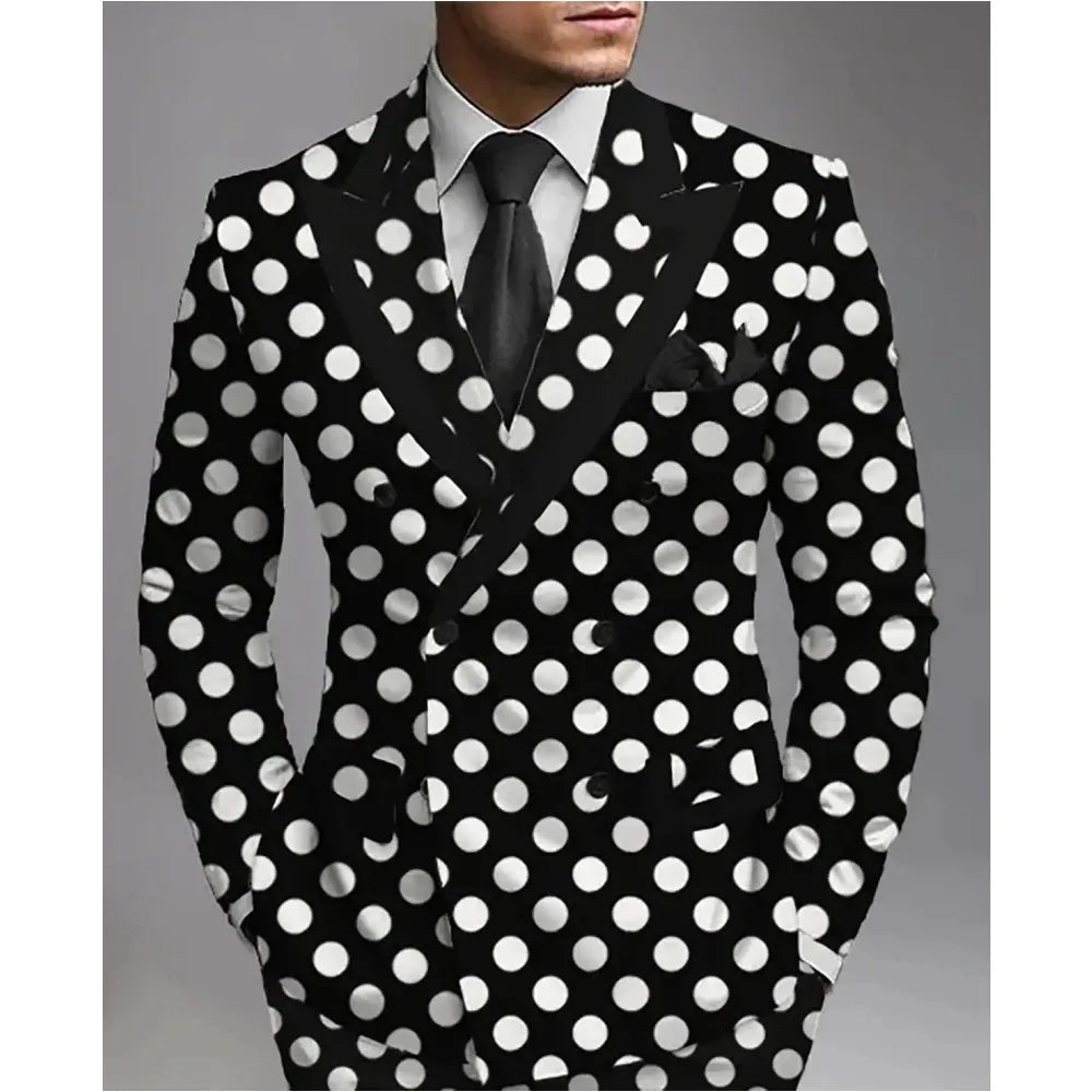 Black Dot Mens Suits Wedding Tuxedos Peaked Lapel Double Breasted Jacket Pants Custom 2 Pc Prom Groom Wear Banquet Male Clothing LADYLYS