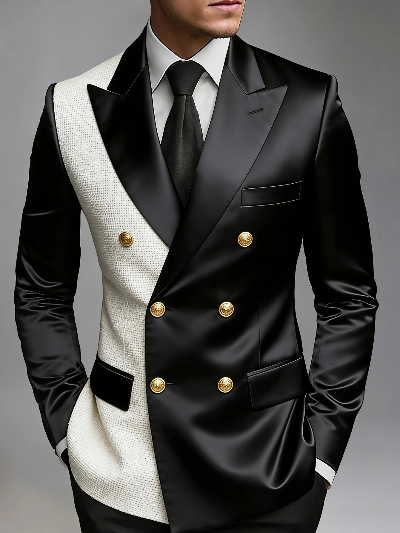 Men Asymmetric Spliced Double Breasted Blazer Black Satin & White Tweed Contrast Gold Buttons Slim Fit Wedding Stage Groom Tuxed LADYLYS